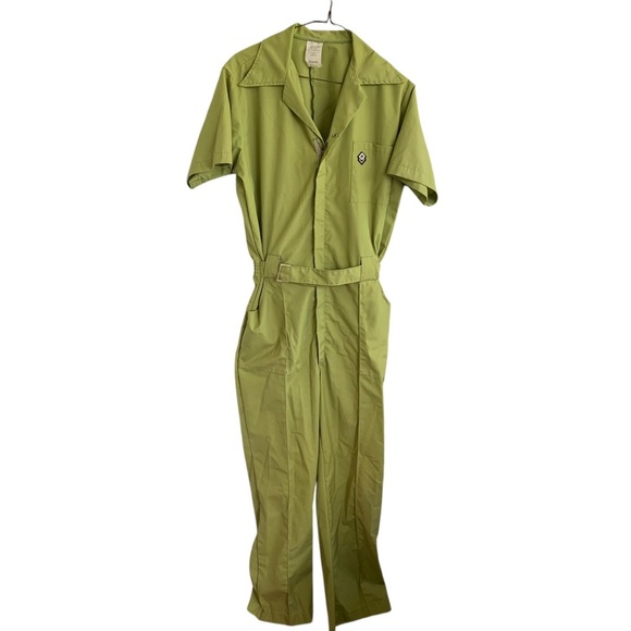 Vintage 70s Lime Green Jumpsuit Sports Tag Size Medium Long Garage Rockabilly - Picture 1 of 8